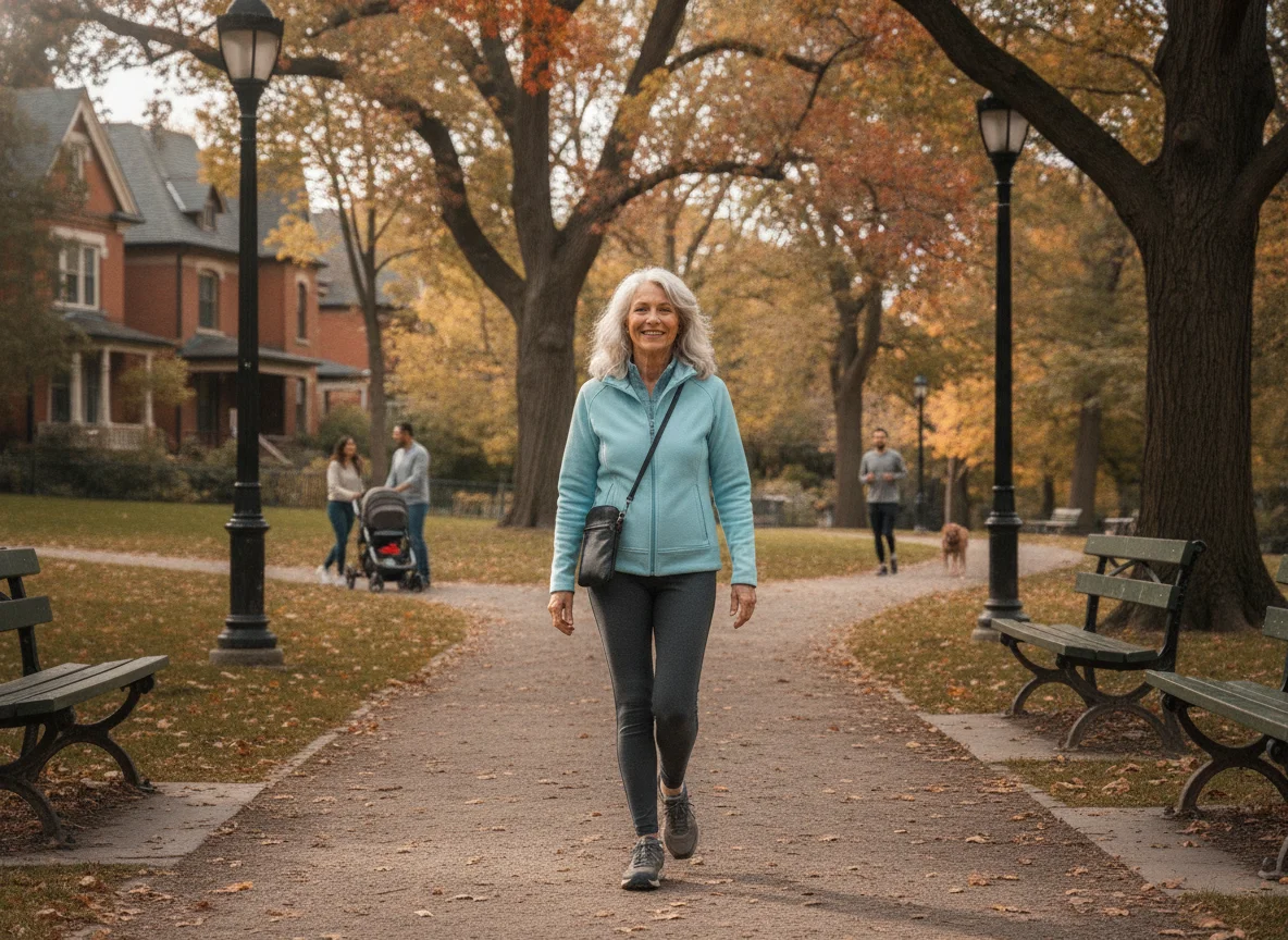 Woman walking through a Toronto neighbourhood park in autumn