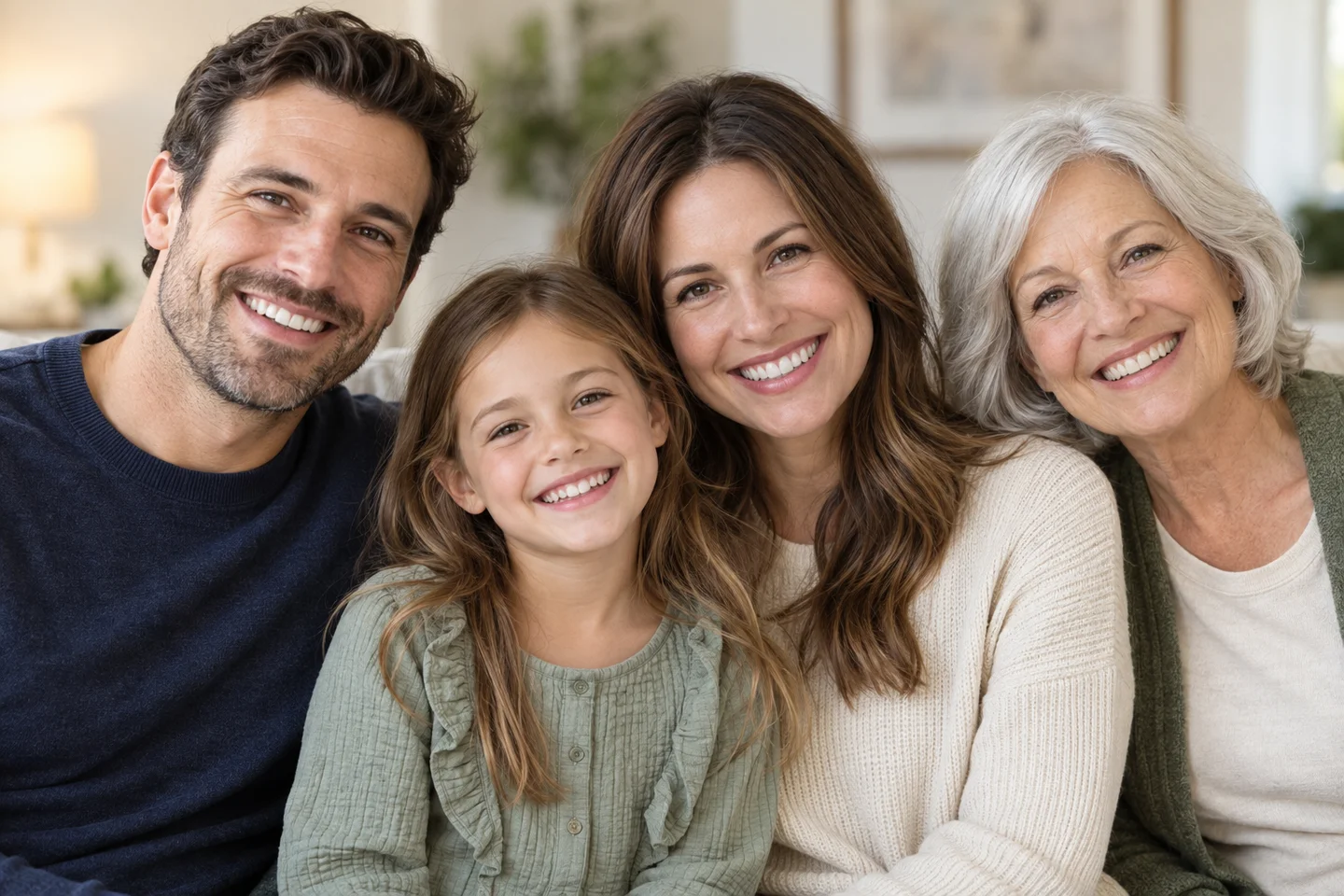 Family smiling together at the camera