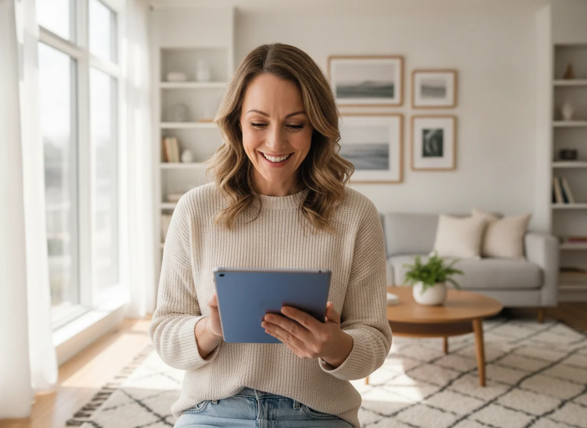 Woman using a tablet in a bright living room